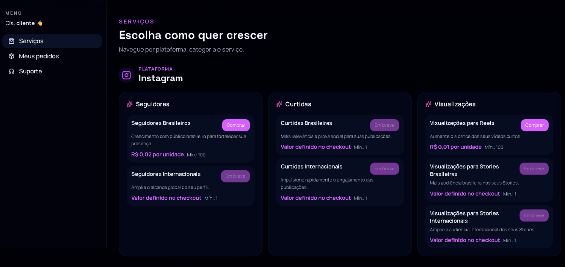 Painel do cliente ImpulsaGram: menu lateral, lista de serviços por plataforma e cards de Seguidores, Curtidas e Visualizações.